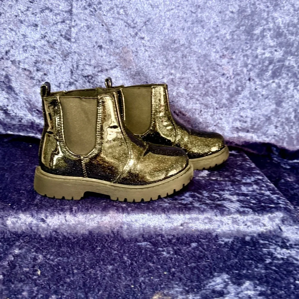 Kids Glitter Chelsea‎ Boots Black Metallic Sparkle Pull On Chunky Sole Size 9